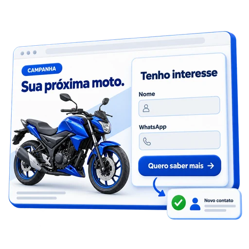 Página de campanha com uma moto, formulário de contato e registro do novo interessado.