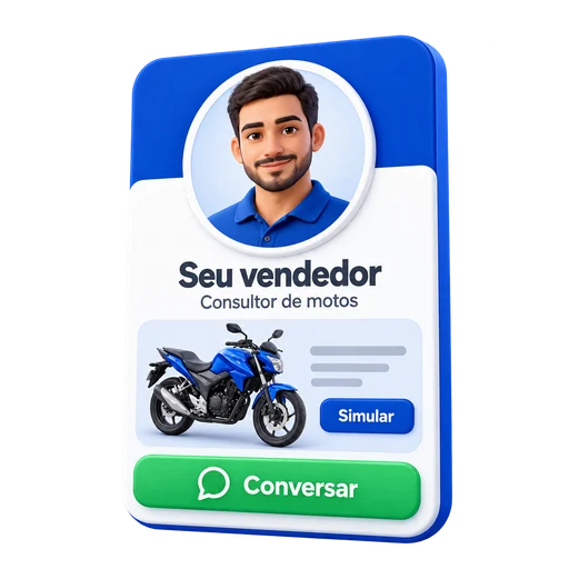 Cartão digital do vendedor com apresentação, moto e botão de contato.