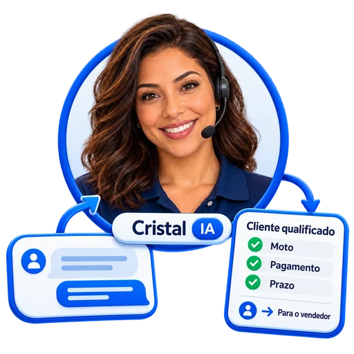 Cristal identificando moto, pagamento e prazo para encaminhar o cliente ao vendedor.
