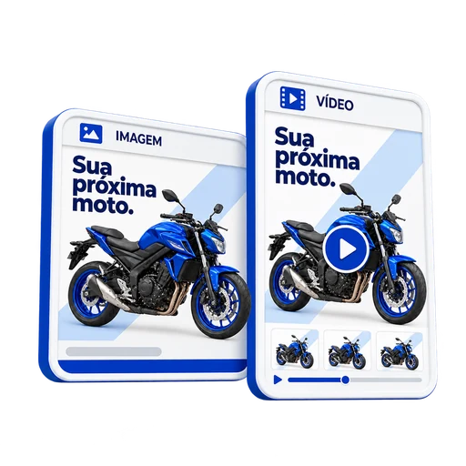 A mesma campanha de moto apresentada em imagem e vídeo padronizados.