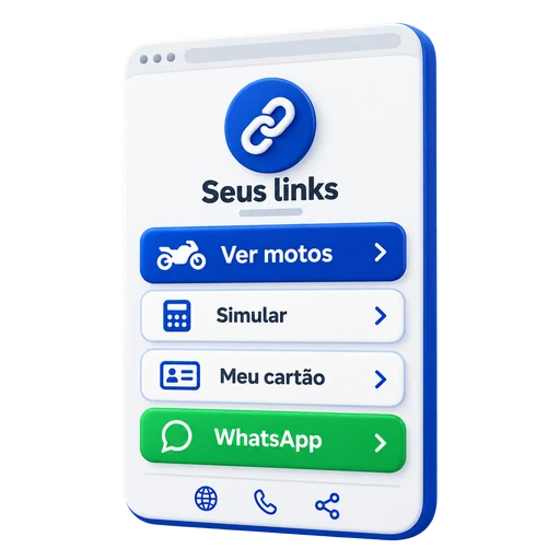 Página de links com acesso a motos, simulação, cartão e WhatsApp.