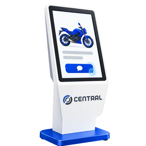 Totem de autoatendimento com catálogo de motos e botão de contato.